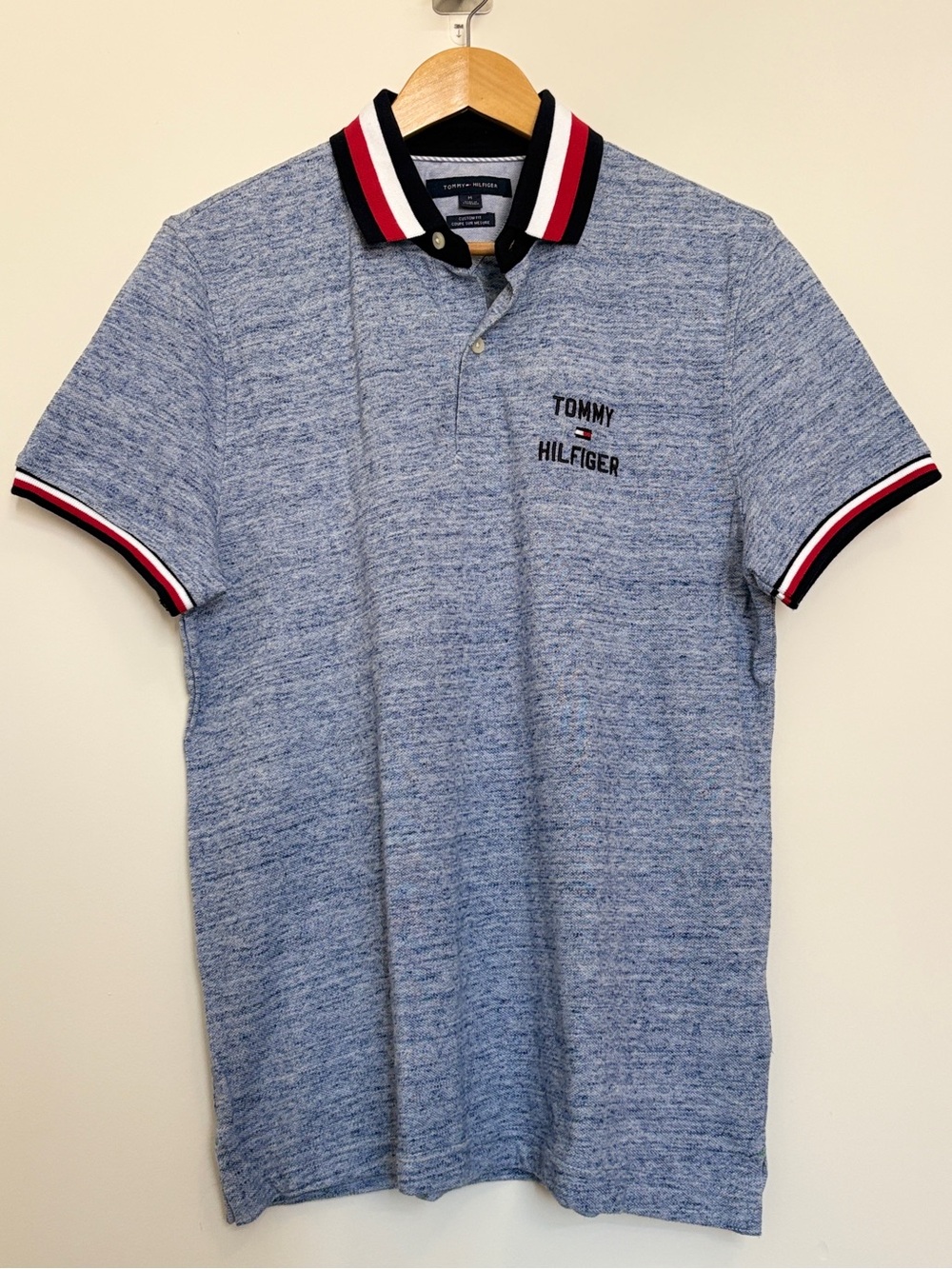 TOMMY HILFIGER Heathered Blue Spellout Tipped Collar Custom Fit Polo Shirt Sz M